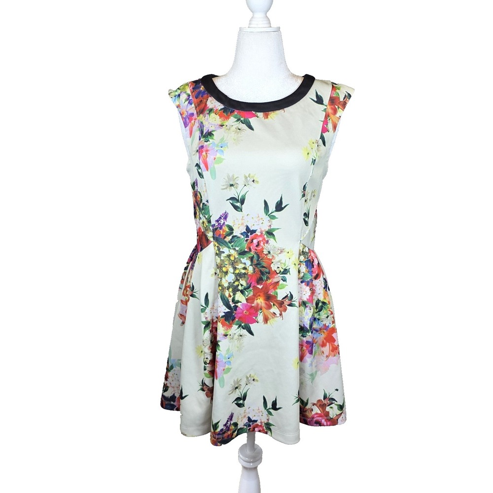 K by Kersh Floral Scuba Knit Fit & Flare Dress Womens L / 9 Cream Multi Colorful